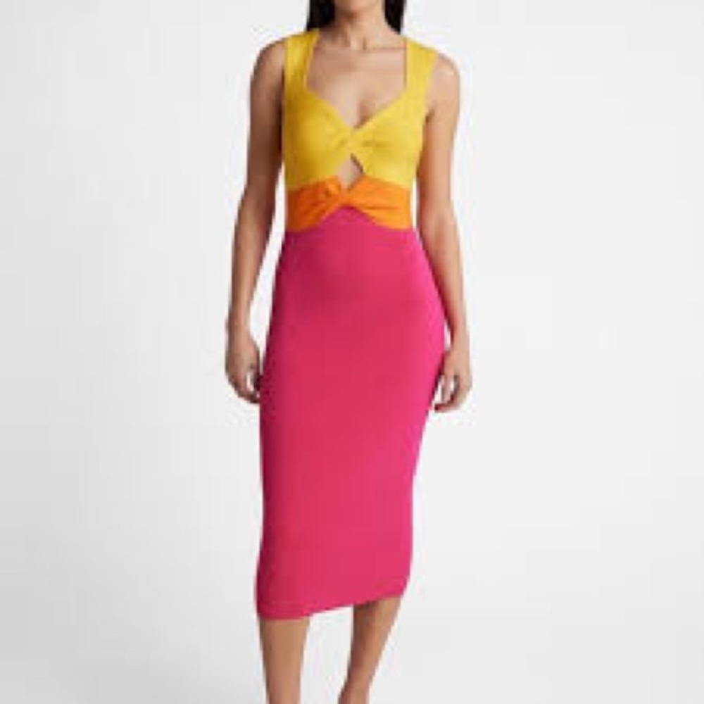 Express Yellow, Orange, and Pink Midi Dress